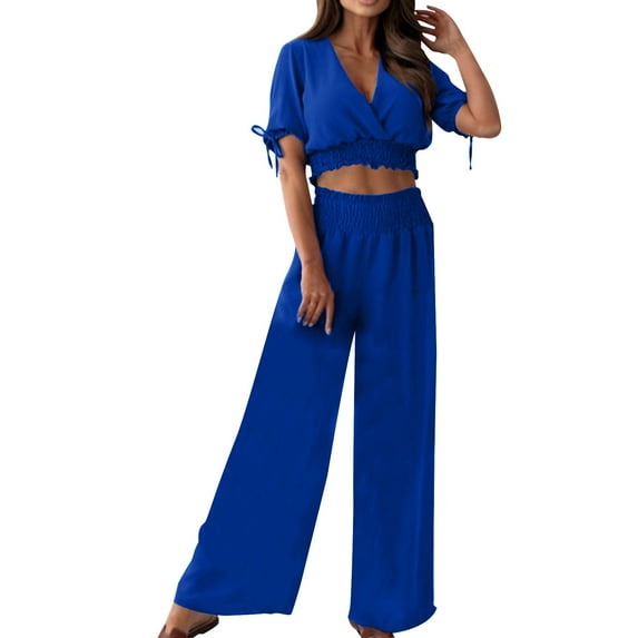 XuJwPNcy Two Piece Outfit for Women Short Sleeve V Neck Crop Top with Wide Leg Pants Summer Beach Vacation Set