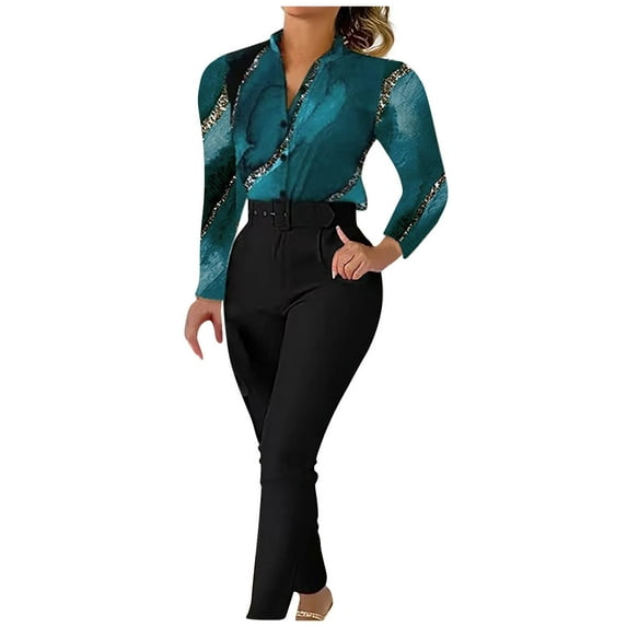 XuJwPNcy Two Piece Outfits for Women Button down Long Sleeve Shirt and High Waist Suit Pants Set for Casual Work