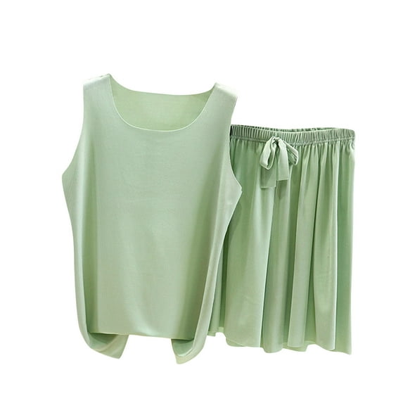 Yuzhih Two Piece Pajama Outfits Summer Solid Scoop Neck Sleeveless Tank Top with Shorts Set Lounge Pj Sets