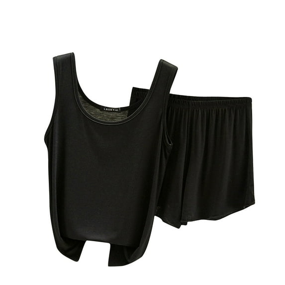 Yuzhih Two Piece Pajama Outfits Summer Solid Scoop Neck Sleeveless Tank Top with Shorts Set Lounge Pj Sets