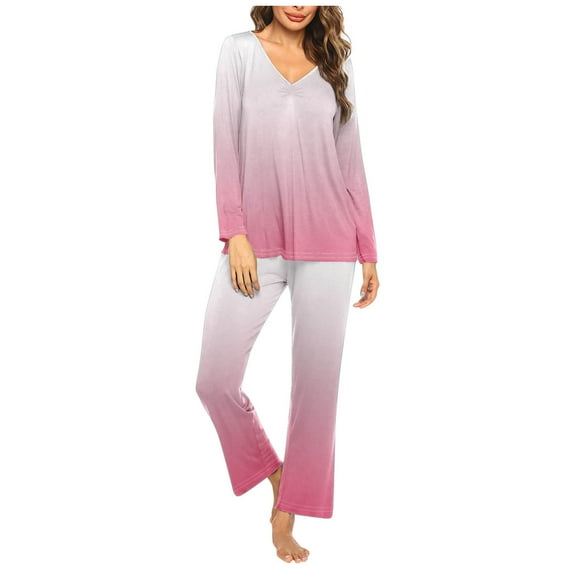 XuJwPNcy Two Piece Pajama Sets for Women V Neck Long Sleeve Top with Wide Leg Pant Sleepwear Pjs Outfits