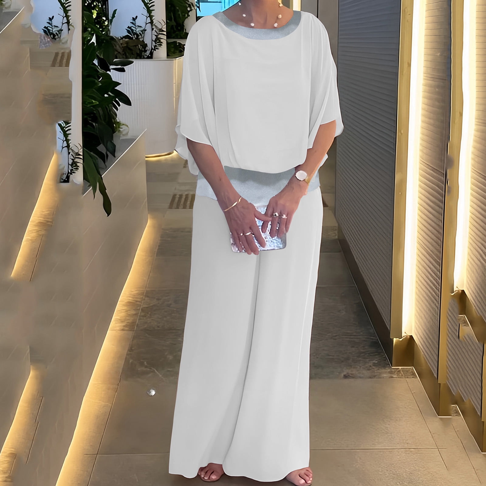 Yuzhih Two Piece Set Pant Suits Womens Dressy Wide Leg Pant Sets Wedding Guest Chiffon Flowy Elegant Formal Outfits