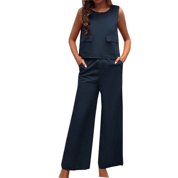 XuJwPNcy Two Piece Sets for Women Scoop Neck Sleeveless Tank Top with Wide Leg Pants Lounge Outfits with Pockets