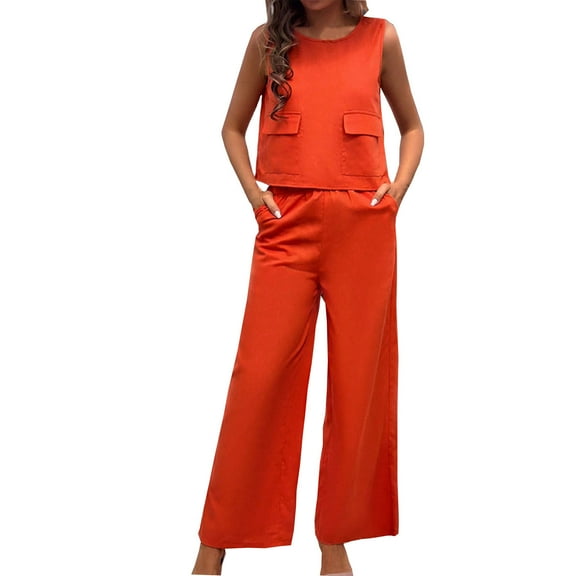 XuJwPNcy Two Piece Sets for Women Scoop Neck Sleeveless Tank Top with Wide Leg Pants Lounge Outfits with Pockets