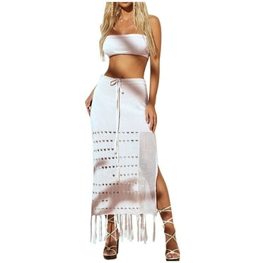 Yuzhih Two Piece Skirt Outfits for Women Sleeveless Tube Tops with Split Maxi Skirt Summer Trendy Vacation Set