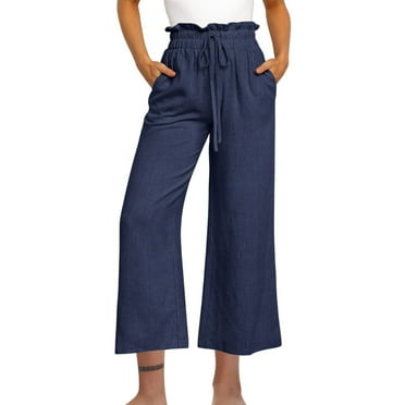 Yuzhih Wide Leg Cotton Line Capris for Women Palazzo Flowy Capri Pants Casual Loose High Waist Trousers with Pockets