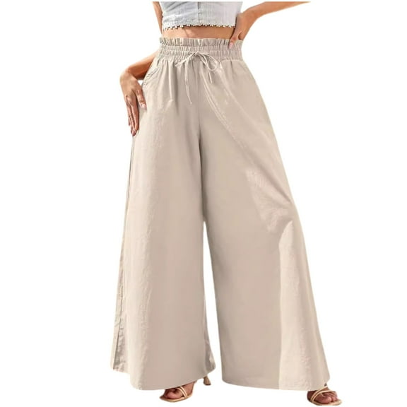 XuJwPNcy Wide Leg Pants Woman Elastic High Waist Casual Trousers Summer Drawstring Loose Palazzo Pants with Pockets