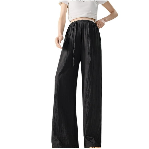 Yuzhih Wide Leg Pants Woman Elastic Waist Wide Leg Trousers Summer Vacation Casual Baggy Drawstring Pants