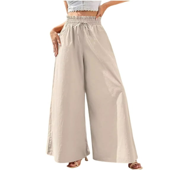 XuJwPNcy Wide Leg Pants Woman Elastic High Waist Casual Trousers Summer Drawstring Loose Palazzo Pants with Pockets