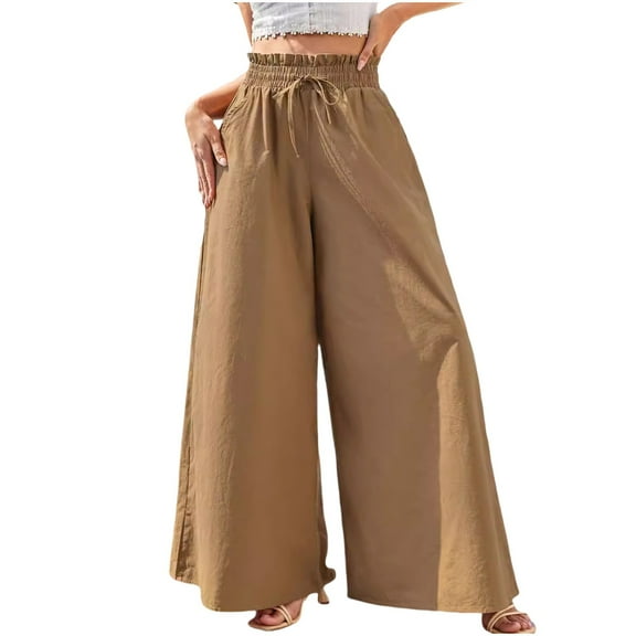 XuJwPNcy Wide Leg Pants Woman Elastic High Waist Casual Trousers Summer Drawstring Loose Palazzo Pants with Pockets