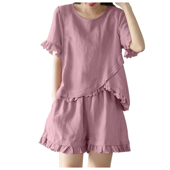 XuJwPNcy Women 2 Piece Cotton Linen Set Short Sleeve Crew Neck Tops and Ruffle Hem Shorts Matching Lounge Sets