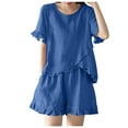 thumbnail image 1 of XuJwPNcy Women 2 Piece Cotton Linen Set Short Sleeve Crew Neck Tops and Ruffle Hem Shorts Matching Lounge Sets, 1 of 6