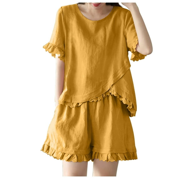 XuJwPNcy Women 2 Piece Cotton Linen Set Short Sleeve Crew Neck Tops and Ruffle Hem Shorts Matching Lounge Sets