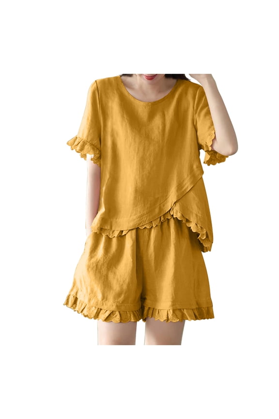 Women 2 Piece Cotton Linen Set Short Sleeve Crew Neck Tops and Ruffle Hem Shorts Matching Lounge Sets