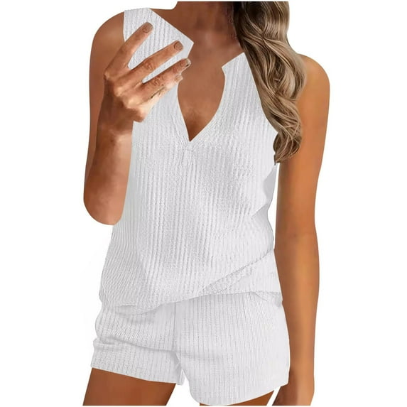 XuJwPNcy Women 2 Piece Outfits Casual Knit Loungewear Sleeveless V Neck Top Matching Shorts Summer Sweater Set