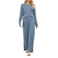 thumbnail image 1 of XuJwPNcy Women 2 Piece Outfits Casual Crewneck Long Sleeve Ribbed Knit Top Wide Leg Pants Matching Lounge Sets, 1 of 7