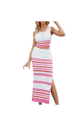 Women 2 Piece Outfits Crochet Hollow out Skirt Set Slim Crop Top and High Waist Split Maxi Skirt Knit Beach Set