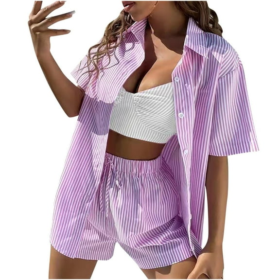 XuJwPNcy Women 2 Piece Outfits Short Sleeve Stripe Button down Shirts and Drawstring Shorts Lounge Set Tracksuit