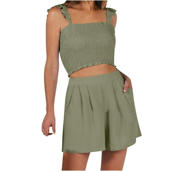 XuJwPNcy Women 2 Piece Outfits Sleeveless Ruffle Crop Tank Top High Waist Shorts with Pockets Summer Vacation Set