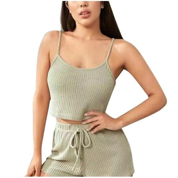 Yuzhih Women 2 Piece Pajama Set Spaghetti Strap Lace Cami Crop Tops and Shorts Lounge Set Two Piece Outfits