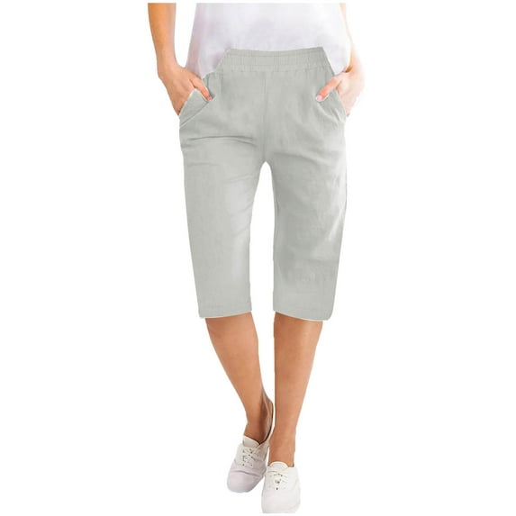 XuJwPNcy Women Cotton Linen Pants with Pockets Elastic Waist Shorts Summer Beach Capris Solid Straight Leg Knee Length Pant