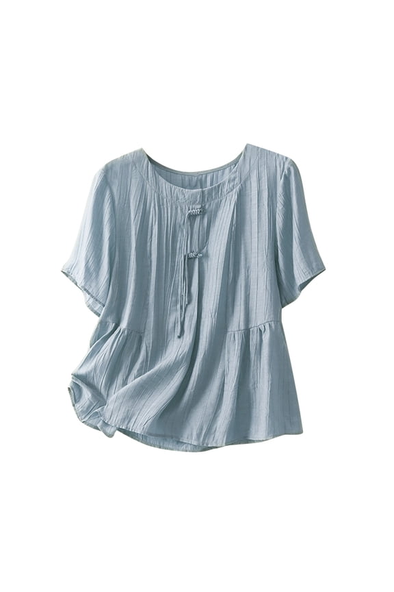 Women Cotton Linen Tops Casual Summer Crewneck Shirts Flowy Plain Blouse Comfy Loose Short Sleeve Tunic