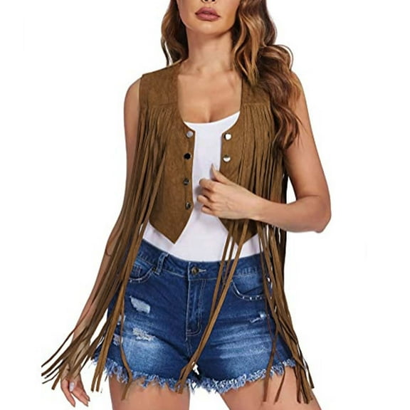 XuJwPNcy Women Fringe Vest 70s Suede Sleeveless Tassels Cardigan Western Tops Jacket Trendy Clothes