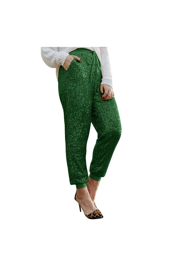 Women Glitter Sequin Pants Elastic High Waist Joggers Shiny Evening Party Trousers Clubwear with Pockets Green