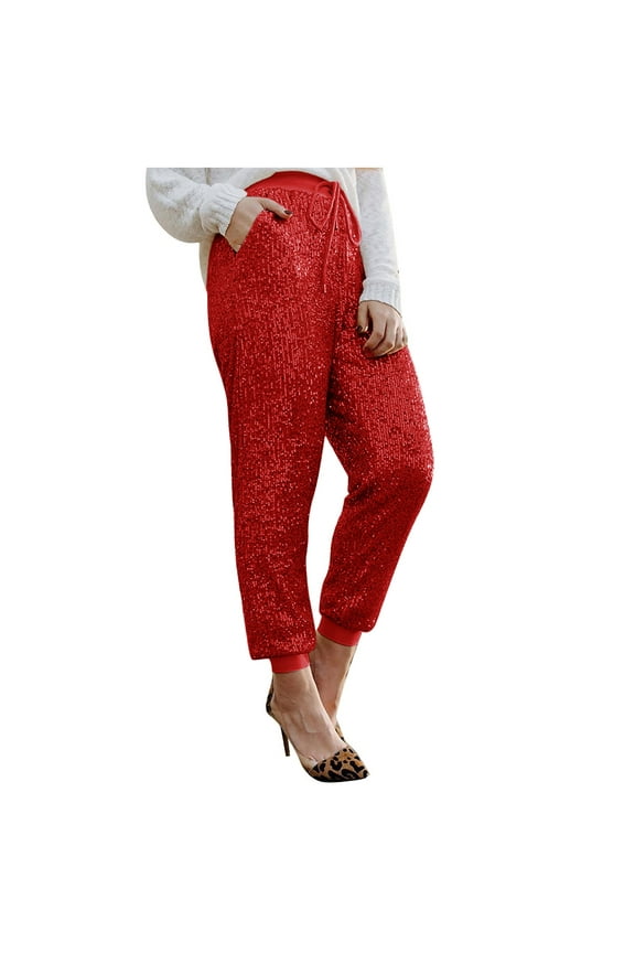 Women Glitter Sequin Pants Elastic High Waist Joggers Shiny Evening Party Trousers Clubwear with Pockets Red