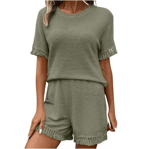 XuJwPNcy Women Knit Sweater Short Sets 2 Piece Outfits Tassel Short Sleeve Crewneck Shirt and Shorts Matching Lounge Set