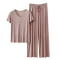 thumbnail image 1 of XuJwPNcy Women Pajama Set V Neck Short Sleeve Sleepwear Tops with Wide Leg Pants Casual Comfy Pjs Matching Sets Nightwear, 1 of 3