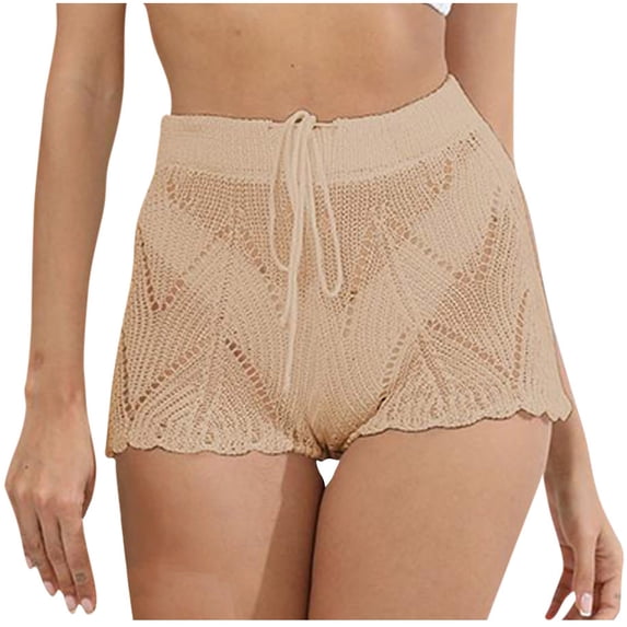 XuJwPNcy Women Shorts Knitted Hollow out Swimsuit Crochet Cover up Shorts Drawstring High Waist Beachwear