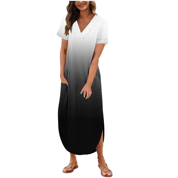XuJwPNcy Women Summer Dresses Casual Boho Short Sleeve V Neck Long Tshirt Dress Loose Vacation Dress with Pockets