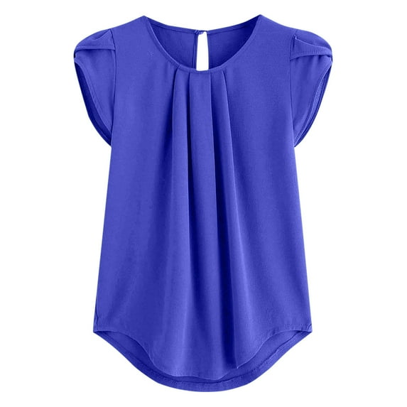 Yuzhih Women Summer Dressy Blouses Pleated Petal Cap Sleeve Shirts Elegant Casual Loose Curvy Hem Tunic Blouse