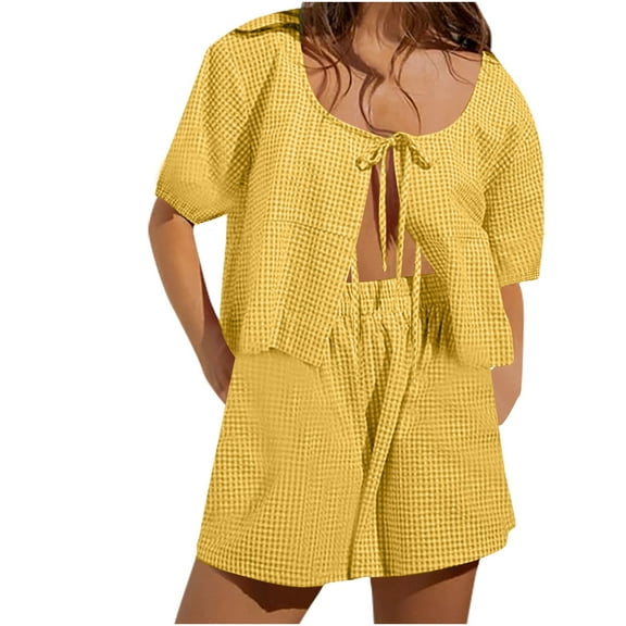 XuJwPNcy Women Two Piece Outfits Cute Pajamas Sets Short Sleeve Tie Front Tops and Shorts Lounge Set Sleepwear