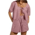 thumbnail image 1 of Yuzhih Women Two Piece Outfits Cute Pajamas Sets Short Sleeve Tie Front Tops and Shorts Lounge Set Sleepwear, 1 of 7