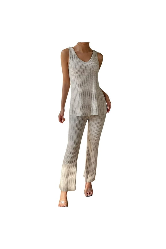 Women Two Piece Sweater Set Scoop Neck Solid Ribbed Knit Tank Top Wide Leg Pants Loungewear Set
