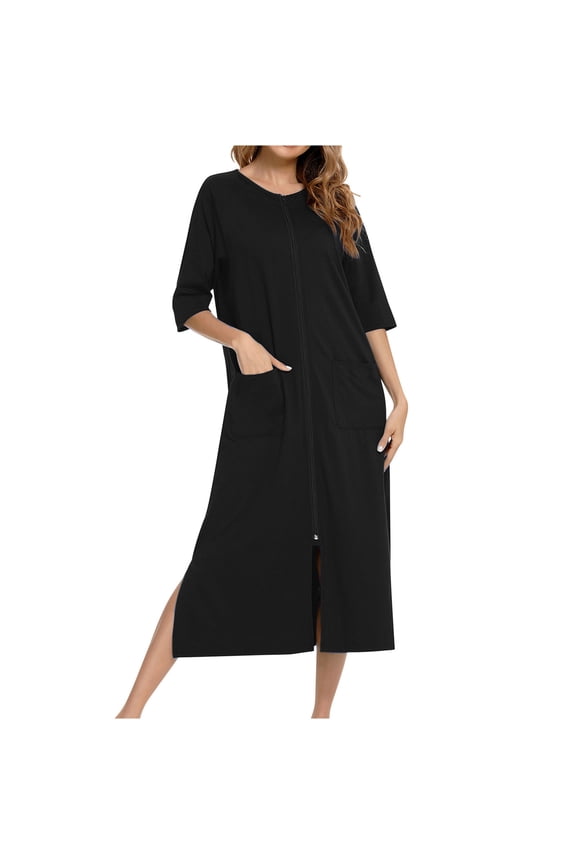 Women Zipper Front Robes Midi Bathrobe Lightweight Lounge Coat with Pockets Fashion Solid Soft Nightgown