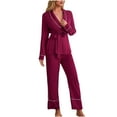 thumbnail image 1 of XuJwPNcy Women's 2 Piece Fall Pajama Sets Long Sleeve Belted V Neck Shirts with Wide Leg Pants Pjs Outfits, 1 of 7