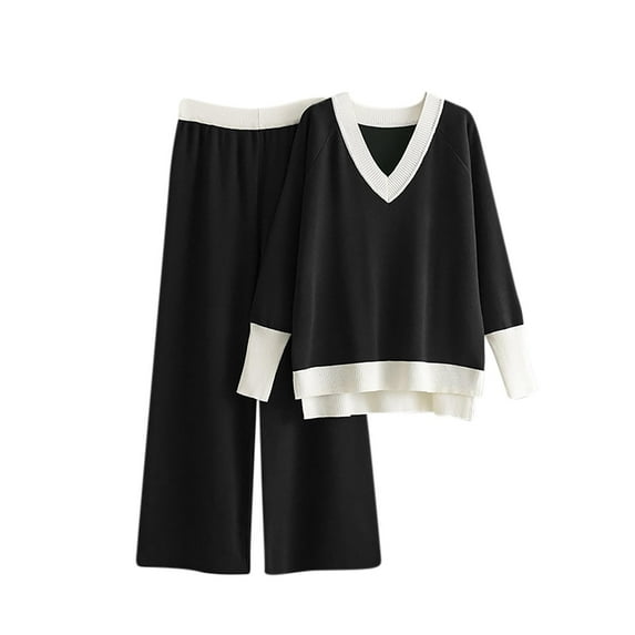 XuJwPNcy Women's 2 Piece Knit Sweater Sets Casual Long Sleeve Pullover Wide Leg Pants Tracksuit Lounge Outfit