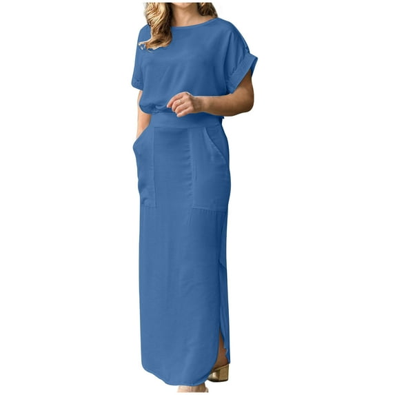 Yuzhih Women's 2 Piece Outfits Cap Sleeve Pullover Tops and Pocket Maxi Skirts Matching Sets Trendy Vacation Clothes