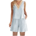 thumbnail image 1 of XuJwPNcy Women's 2 Piece Outfits Cotton Linen Plus Size Lounge Sets V Neck Sleeveless Shirts and Wide Leg Shorts Pocket Set, 1 of 7