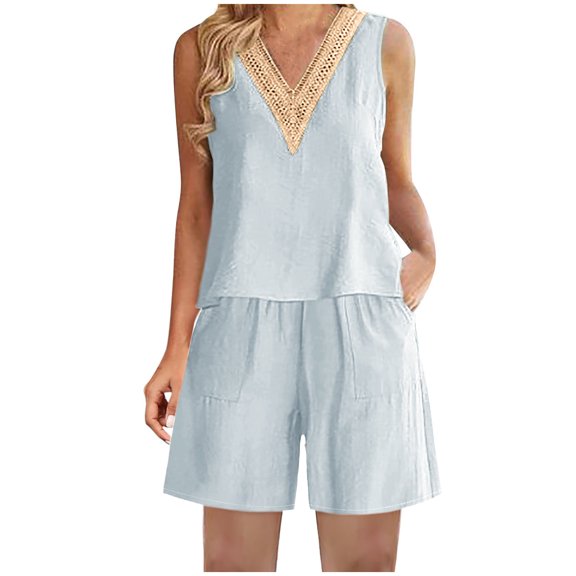 XuJwPNcy Women's 2 Piece Outfits Cotton Linen Plus Size Lounge Sets V Neck Sleeveless Shirts and Wide Leg Shorts Pocket Set