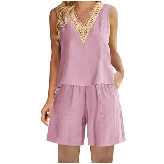 XuJwPNcy Women's 2 Piece Outfits Cotton Linen Plus Size Lounge Sets V Neck Sleeveless Shirts and Wide Leg Shorts Pocket Set