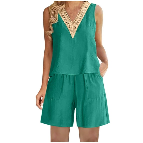 Yuzhih Women's 2 Piece Outfits Cotton Linen Plus Size Lounge Sets V Neck Sleeveless Shirts and Wide Leg Shorts Pocket Set