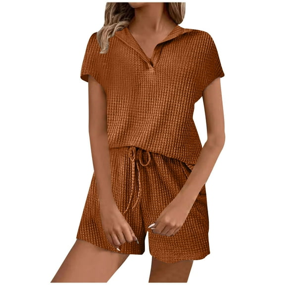 XuJwPNcy Women's 2 Piece Outfits Lounge Sets Short Sleeve Shirts and Drwstring Wide Leg Shorts Set Comfy Sweatsuit