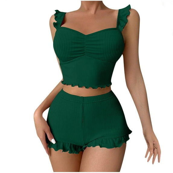 XuJwPNcy Women's 2 Piece Outfits Summer Ribbed Knit Sleeveless Crop Tank Top Ruffle Hem Shorts Lounge Sets Sleepwear