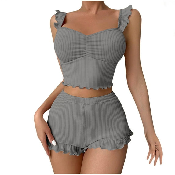 XuJwPNcy Women's 2 Piece Outfits Summer Ribbed Knit Sleeveless Crop Tank Top Ruffle Hem Shorts Lounge Sets Sleepwear