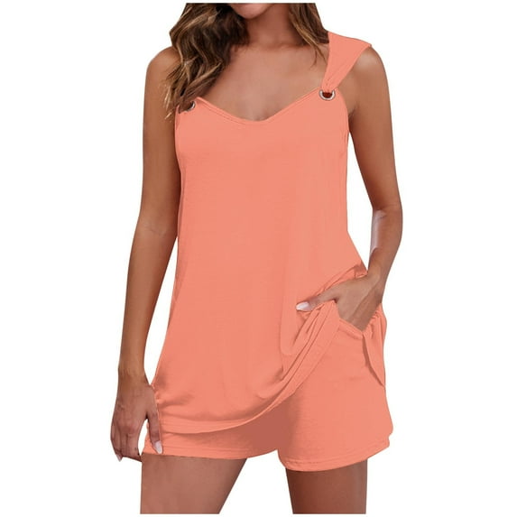 XuJwPNcy Women's 2 Piece Outfits Summer Sets Sleeveless Scoop Neck Tank Tops and High Waisted Shorts with Pockets