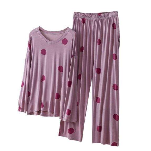XuJwPNcy Women's Pajama Sets V Neck Long Sleeve Sleepwear with Wide Leg Pants Soft Loungewear 2 Piece Pj Set